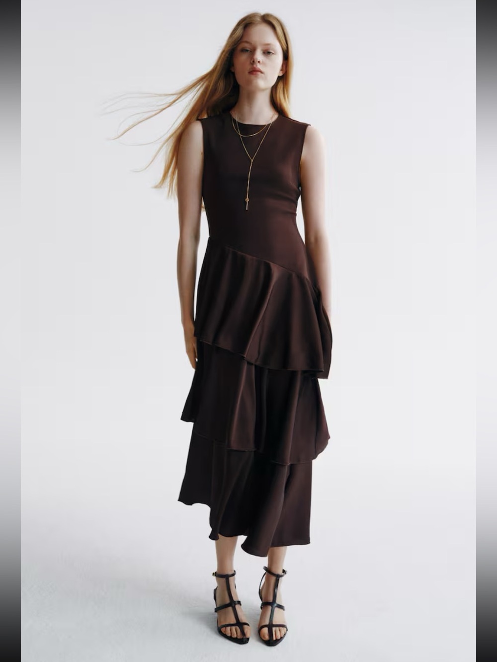 NWT H&M Dark Brown Ponte Dress With Tiered Satin Skirt, Size XS